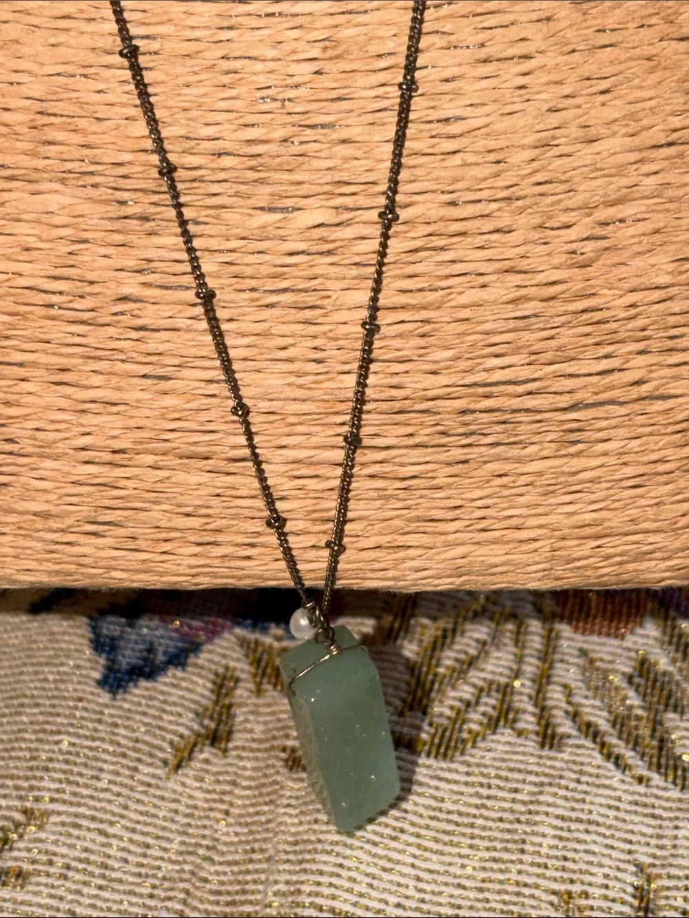 Long sterling silver darkened chain with tiny silver balls green semi precious